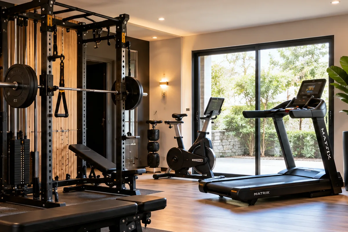 Salle de sport à domicile avec tapis de course, vélo, banc et cage à squat : le programme de coaching est construit autour de vos machines
